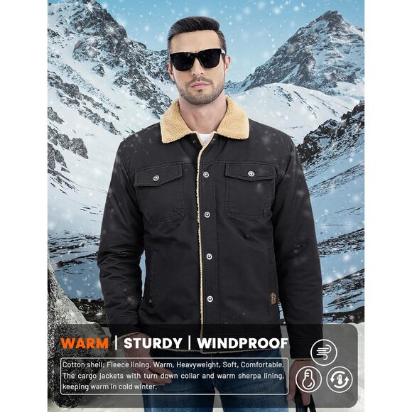 Mens Black AI Winter Sherpa Lined Jacket Warm Trucker Coat Multi Pocket - Picture 3 of 7
